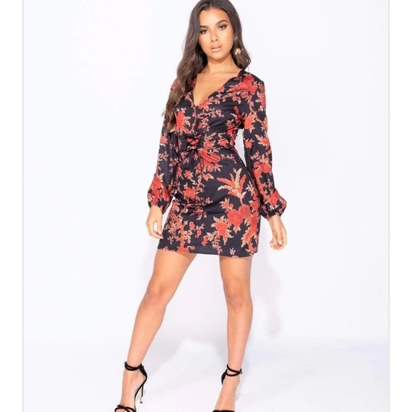 Dresses & Skirts - Black and red floral v neck long sleeve dress cocktail, holiday